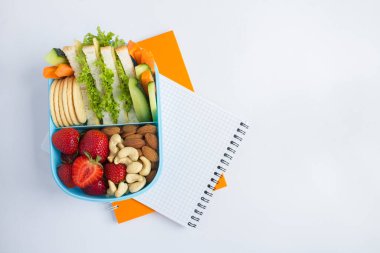 Okul yemeği mavi kutuda ve defter beyaz arka planda. Üst Manzara. Boşluğu kopyala.
