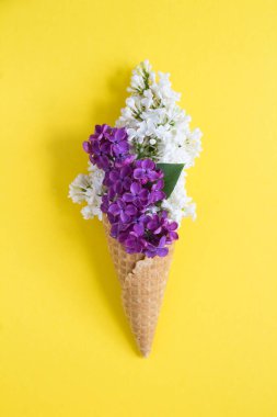Sarı arka planda beyaz ve mor leylak renginde dondurma külahı. Konum dikey.