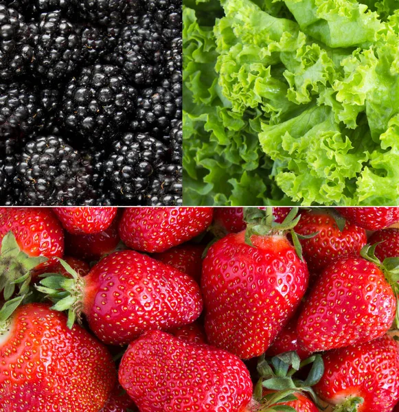 Collage of healthy food. Close-up on berry and green lettuce leaf.