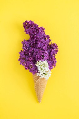 Sarı arka planda beyaz ve mor leylak renginde dondurma külahı. Konum dikey.