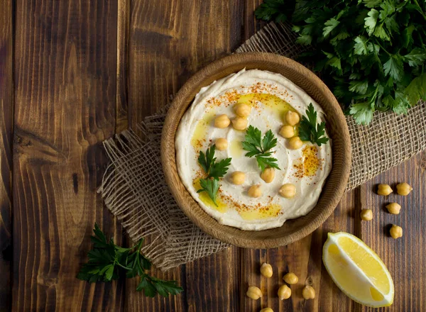 Top View Hummus Bowl Vegetable Rustic Wooden Background Closeup — 스톡 사진