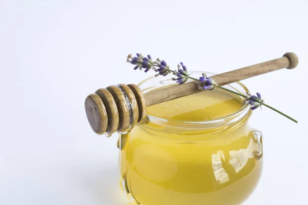 Closeup Honey Glass Jar Lavender Flower White Background —  Fotos de Stock
