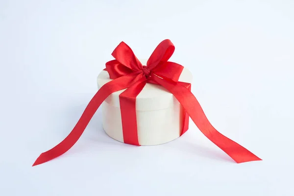 Wooden Gift Box Tied Red Bow White Background Closeup — Fotografia de Stock
