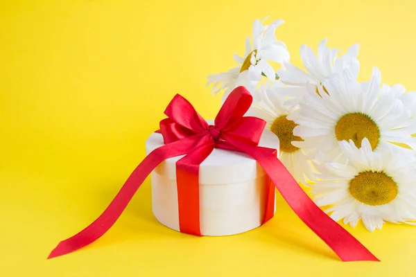 Gift Box Tied Red Bow White Chamomile Yellow Background Closeup — Fotografia de Stock