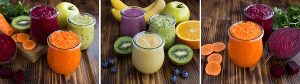 Collage Different Fruit Vegetable Smoothies Puree Small Glass Jars Brown — Foto Stock