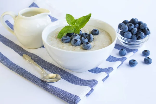 Oatmeal Milk Blueberry White Bowl White Background Healthy Breakfast — 스톡 사진