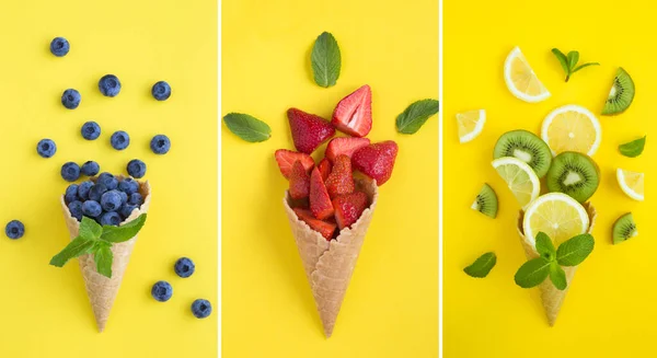 Collage Ice Cream Cone Fruit Berry Yellow Background Closeup —  Fotos de Stock