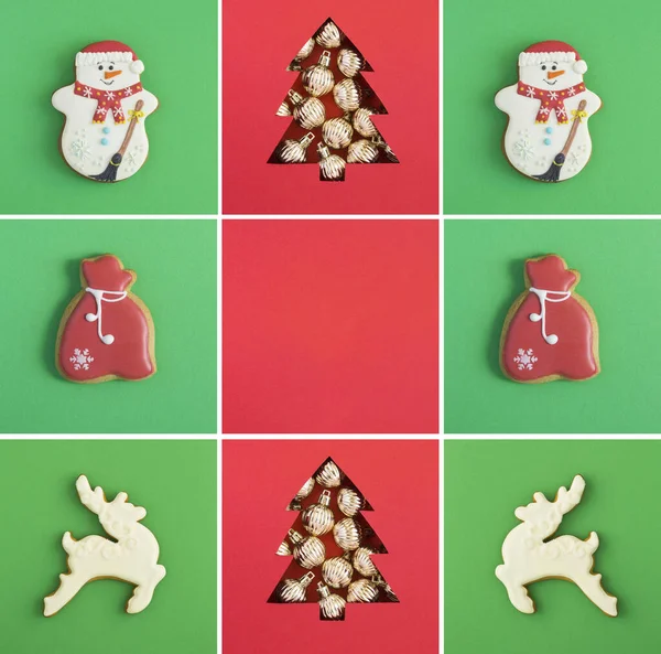 Christmas Collage Christmas Tree Cut Out Red Background Gingerbread Copy — Stock Fotó