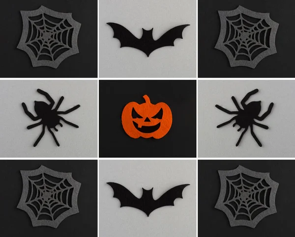 Collage Halloween Decorative Spiders Pumpkins Spider Web Bat Black Gray — 스톡 사진