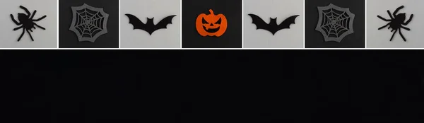 Banner Halloween Decorative Spiders Pumpkins Spider Web Bat Black Gray — Stock Photo, Image