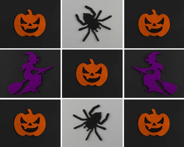Halloween Background Decorative Spiders Witch Pumpkins Black Gray Background Copy — Zdjęcie stockowe