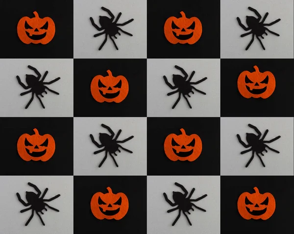 Halloween Background Decorative Spiders Pumpkins Black Background Top View — 图库照片