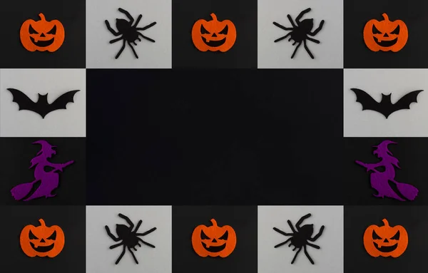 Halloween Background Decorative Spiders Pumpkins Bats Witch Black Background Copy — Stock fotografie
