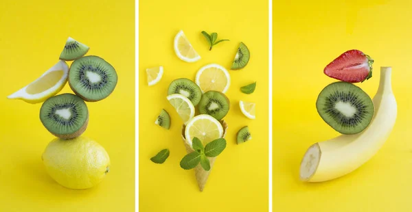 Collage Fruit Stacked Pyramid Banance Ice Cream Cone Chopped Lemon —  Fotos de Stock