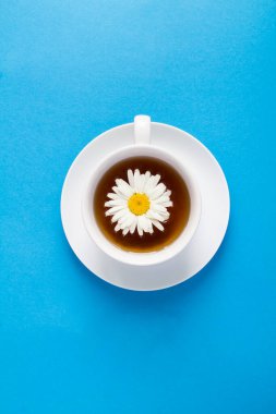 Top view of white cup with chamomile tea on the blue background. Copy space. Location vertical.