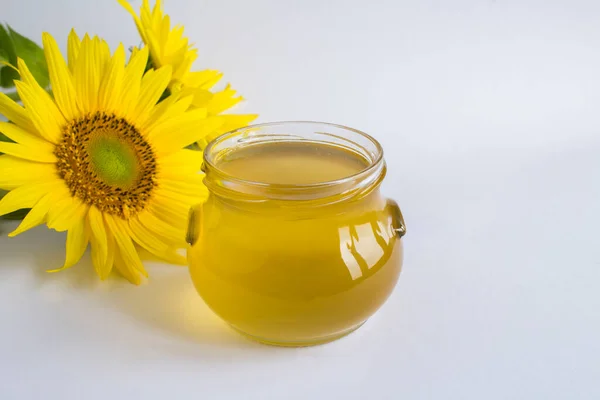 Honey Glass Jar Sunflower White Background Closeup Copy Space — 스톡 사진