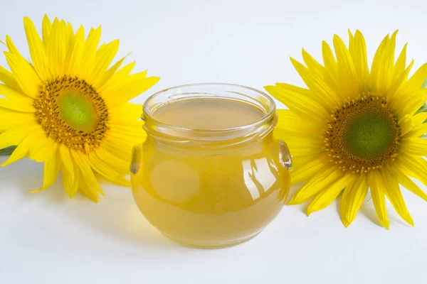 Honey Glass Jar Sunflower White Background Close — ストック写真
