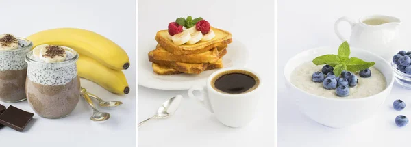 Collage Different Breakfasts White Background Close — Foto Stock