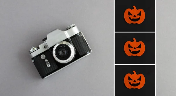 Halloween Collage Old Camera Decorative Pumpkins Black Background Top View — 스톡 사진