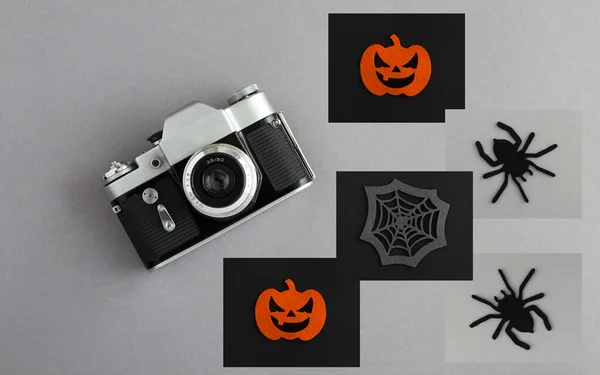 Halloween Collage Old Camera Decorative Pumpkin Spider Web Black Background — 스톡 사진