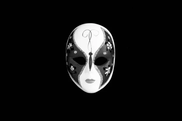 Venetian Carnival Mask Center Black Background Top View Copy Space — 스톡 사진