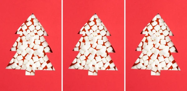 Christmas Collage Christmas Tree Cut Out Red Background Filled Marshmallows — Stock Fotó