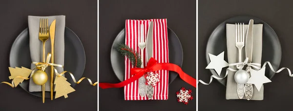 Collage Christmas Table Setting Black Plate Black Background Top View — Zdjęcie stockowe