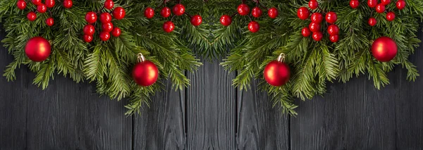 Christmas Banner Spruce Branches Red Bead Black Wooden Background Copy — Stock Photo, Image