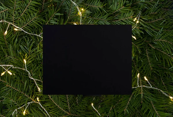 Christmas Background Close Fir Branches Glowing Garland Empty Black Card Stockbild