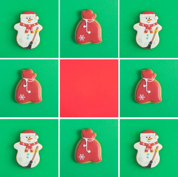 Christmas Collage Christmas Gingerbread Colored Background Copy Space Top View — Stock Fotó
