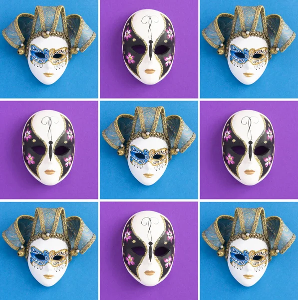 Collage Venetian Carnival Masks Colored Background Top View Location Vertical — Foto Stock