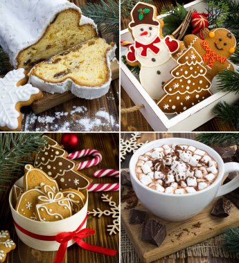 Christmas collage. Christmas stollen, gingerbread and hot chocolate with marshmallows on the wooden background. Close-up.