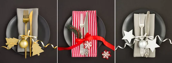 Collage Christmas Table Setting Black Background Top View Close — Zdjęcie stockowe