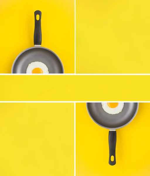 Collage Frying Pan Fried Egg Yellow Background Copy Space Top — Foto de Stock