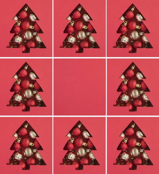 Christmas Collage Christmas Tree Cut Out Red Background Filled Colored — 스톡 사진