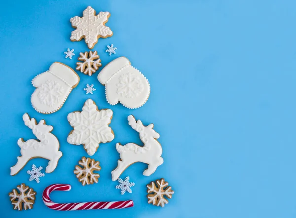 Christmas Tree Gingerbread Blue Background Copy Space Top View — Stock Fotó