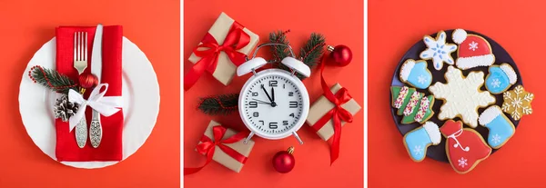크리스마스 콜라주 크리스마스에 식탁을 차리고 배경에 진저브레드와 시계가 있습니다 클로즈업 — 스톡 사진