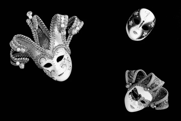 Venetian Carnival Masks Black Background Top View Copy Space — Stock Photo, Image