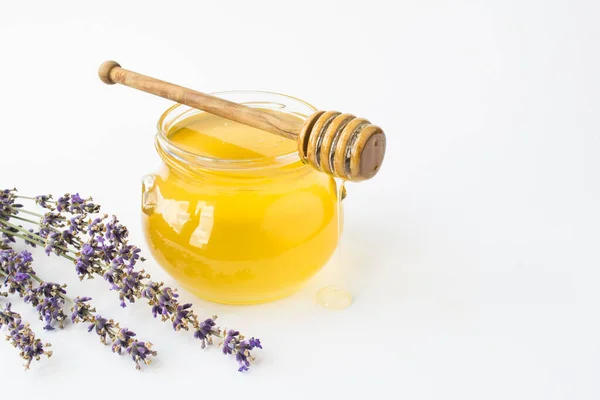 Honey Glass Jar Lavender Flower White Background Closeup Copy Space — Stock Photo, Image