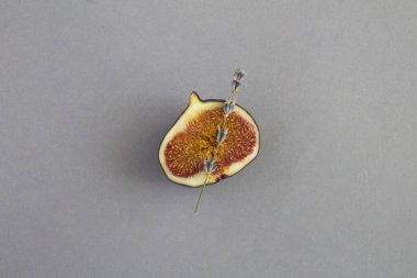 Gri arka planda çiçek lavantası olan mavi incir. Üst görünüm.