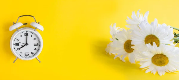 Sveglia Bianca Bouquet Camomille Bianche Sullo Sfondo Giallo Bandiera Copia — Foto Stock