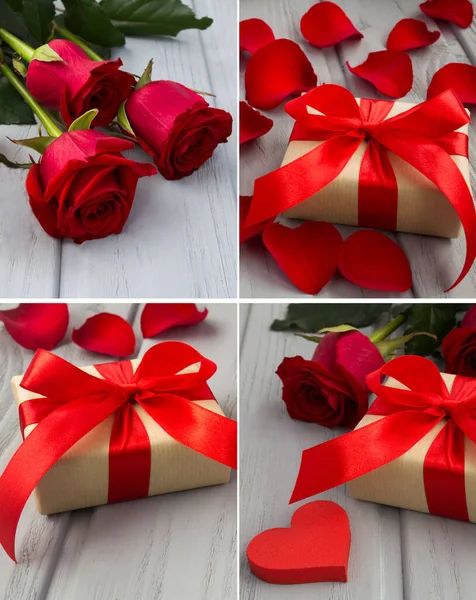 Holiday collage. Red roses, gift box and red heart on the gray wooden background. Close-up.