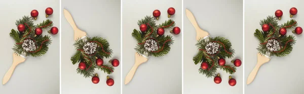 Christmas Collage Top View Paintbrush Red Bead Spruce Branch Gray — Stock Photo, Image