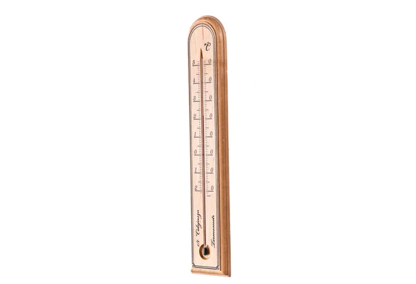 Termômetro de madeira no fundo branco — Fotografia de Stock