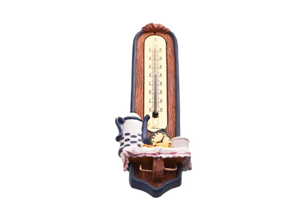 Termômetro de madeira no fundo branco — Fotografia de Stock