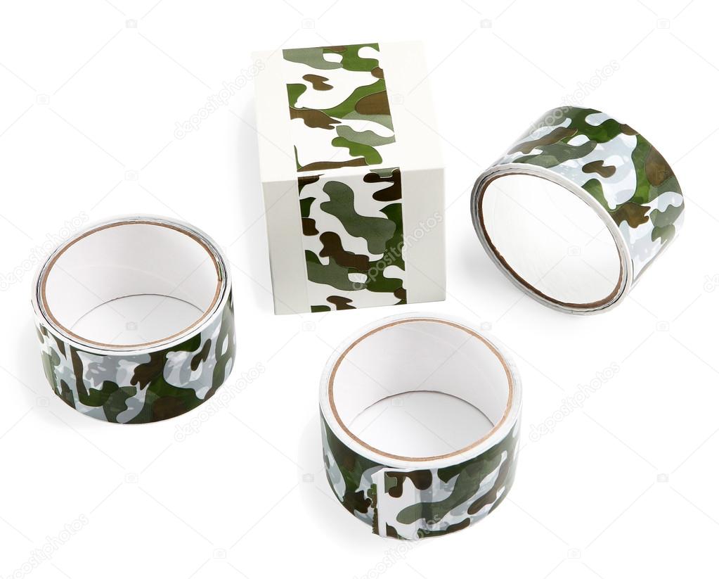 Packing tape with print. Masking tape for gift wrapping. Camouflage print on the packaging adhesive tape. Flexible packaging materials and products.