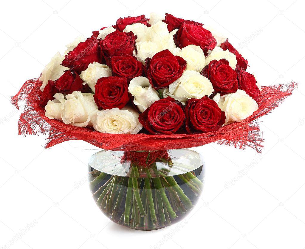 Floral compositions of red and white roses. Large bouquet of mixed colored roses. Design a bouquet of different color roses. Isolated image on white background. Multicolor rose, floristic arrangement