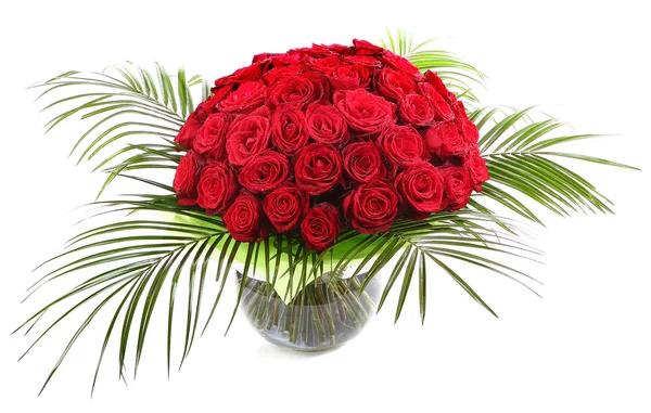 A large bouquet of red roses in a transparent glass vase. The isolated image on a white background. — Stock Photo, Image