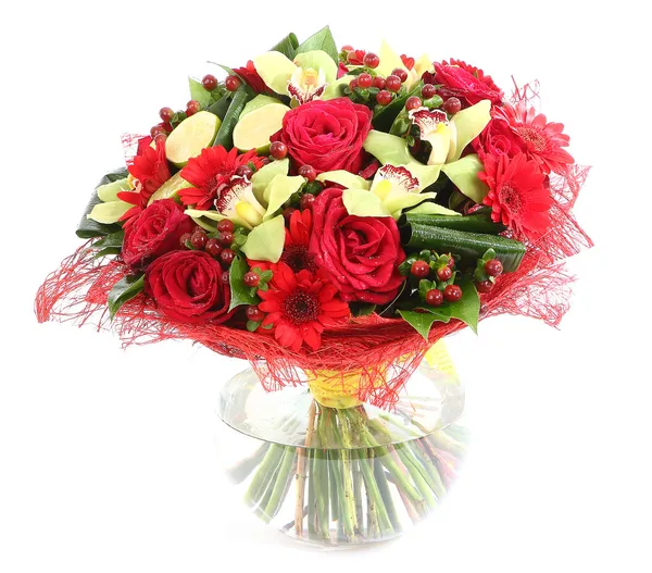 Üveg, átlátszó váza, virág kompozíció: piros rózsák, orchideák, piros gerbera százszorszép. elszigetelt fehér background. Florisztikai összetétele, design egy csokor, virág elrendezése. Stock Kép