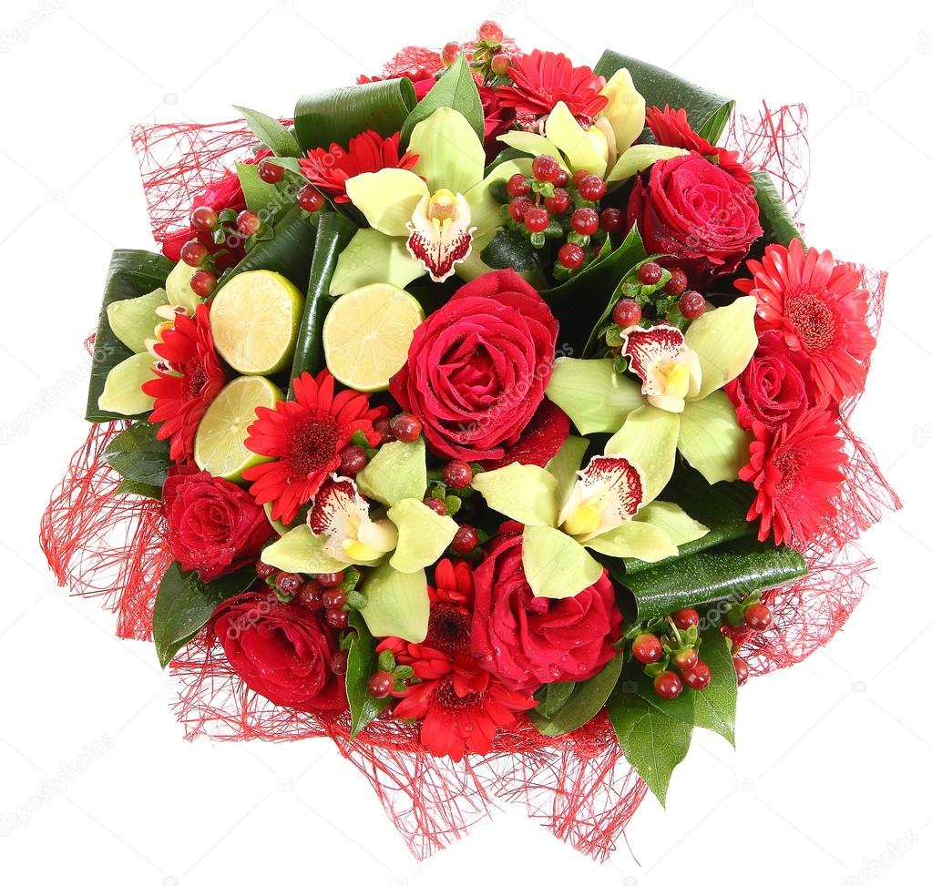 Floral compositions of red roses, red gerberas and orchids. Floristic composition, design a bouquet, floral arrangement. Isolated on white background.